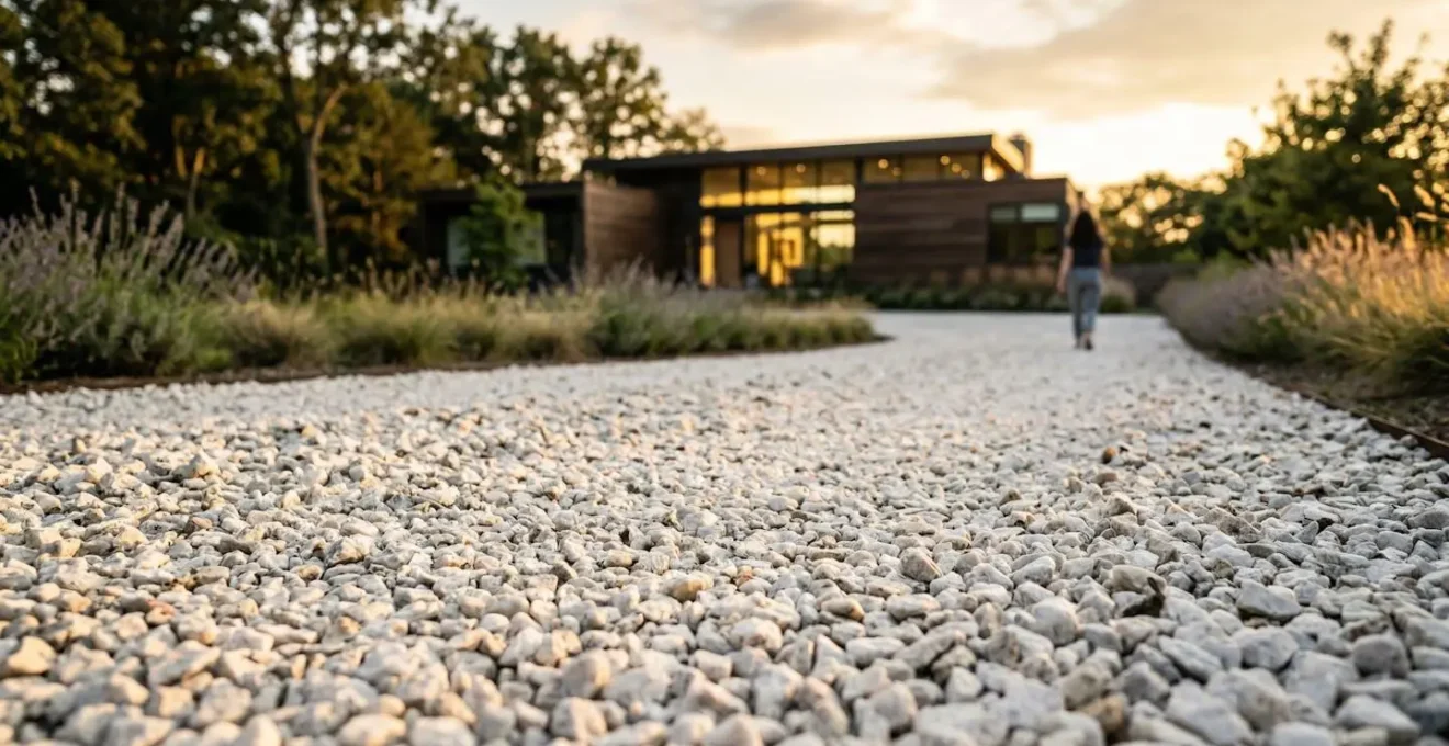 Allée de gravier blanc immaculé menant à une maison contemporaine, vue en contre-plongée depuis le niveau du sol