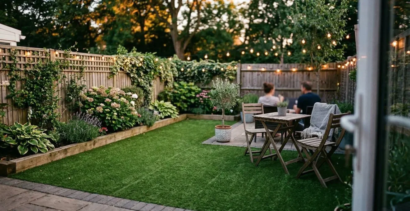 Vue d'ensemble d'un petit jardin aménagé avec gazon synthétique et mobilier de jardin, ambiance conviviale en fin de journée