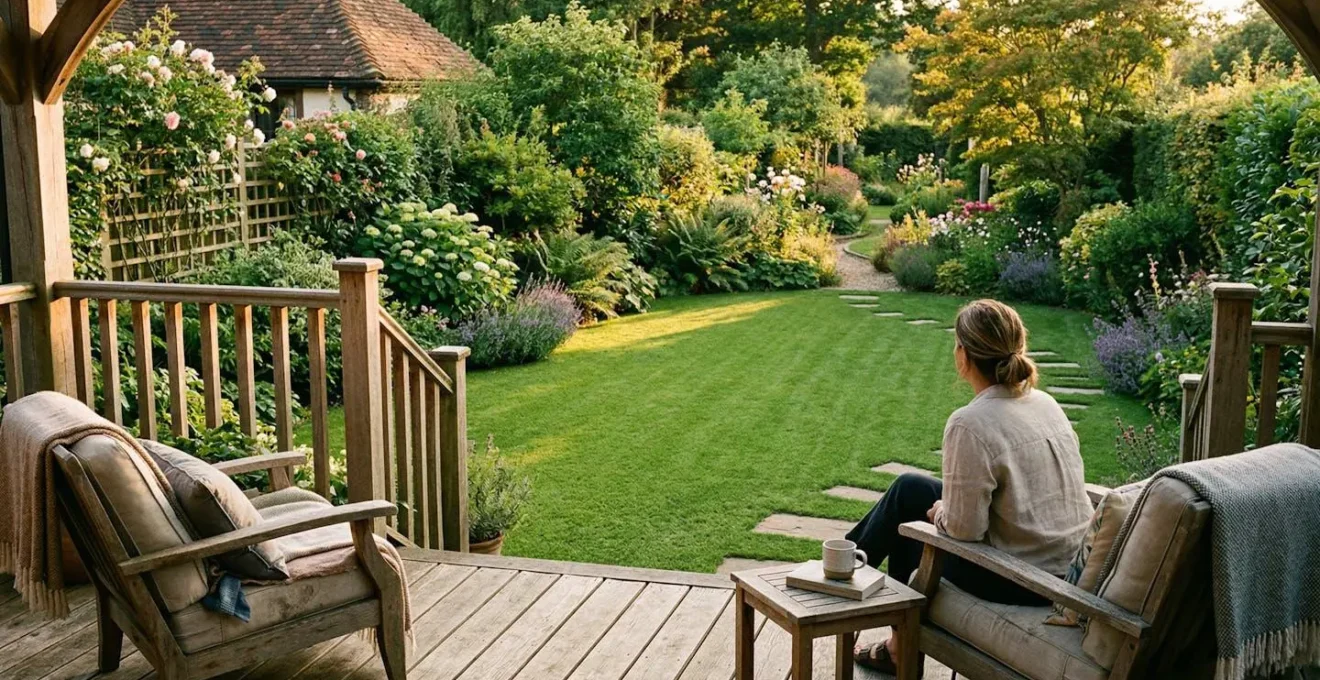Un jardin résidentiel verdoyant vu depuis une terrasse en bois, baigné par la lumière dorée de fin d'après-midi