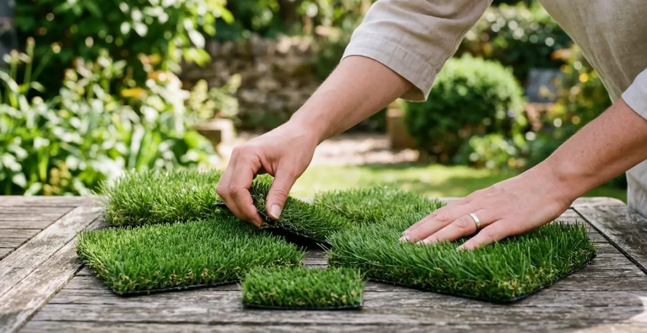 Des mains manipulent plusieurs échantillons de gazon synthétique de différentes hauteurs sur une table de jardin en extérieur