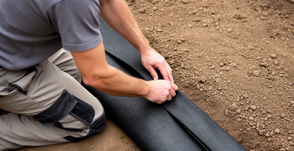 Technicien ajustant recouvrement géotextile noir sur sol préparé