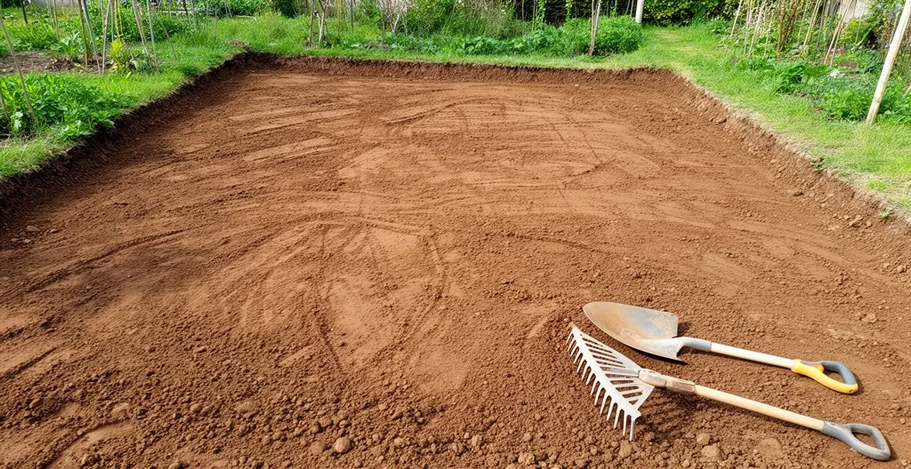 Sol de jardin décaissé prêt pour pose géotextile avec outils posés