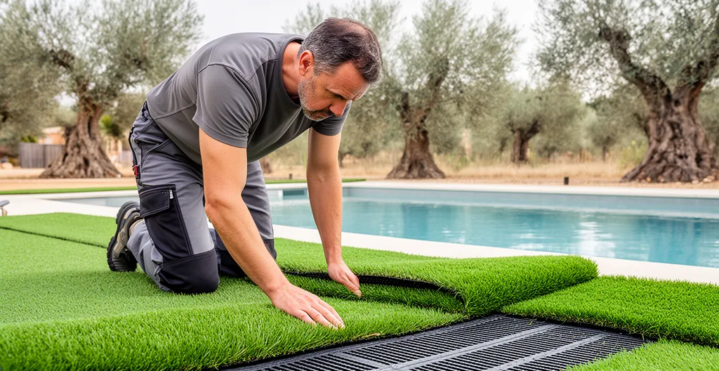 Technicien inspectant installation gazon synthétique autour piscine drainage