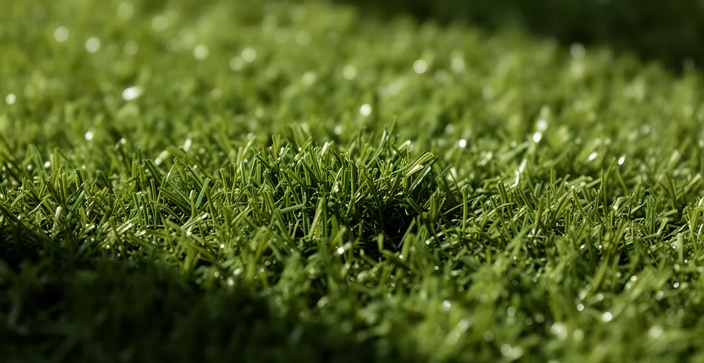 Gros plan texture fibres gazon synthétique polyéthylène aspect naturel