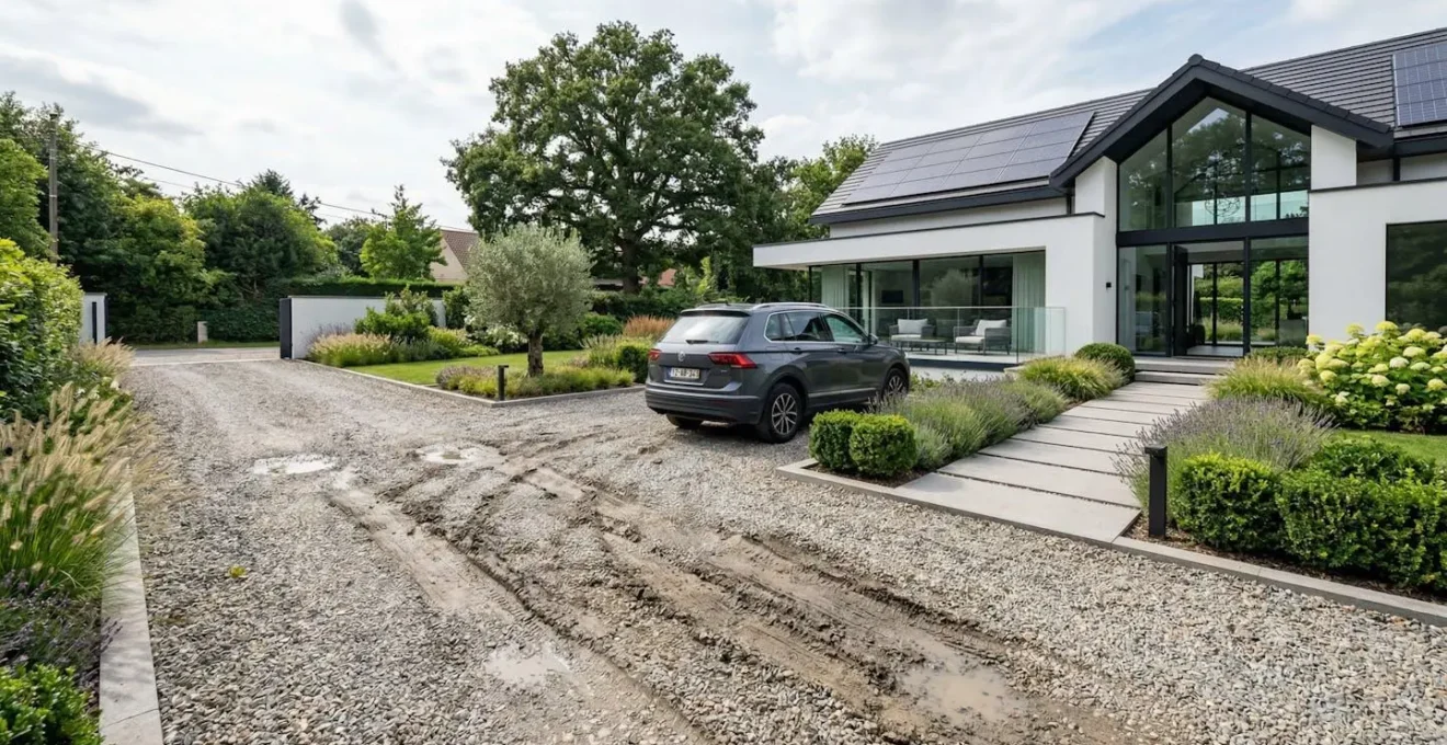 Vue large d'une allée en gravier dans un jardin résidentiel contemporain, montrant des zones creuses et des ornières marquées dans la surface