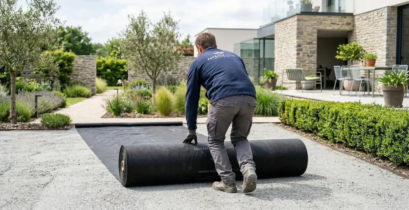Homme vu de dos en train de dérouler un rouleau de géotextile noir sur un sol compacté dans un jardin résidentiel moderne