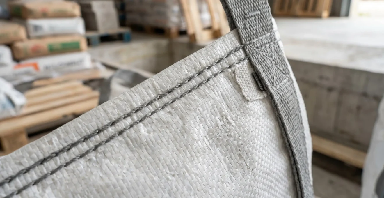 Détail macro de la texture renforcée et des coutures doubles d'un sac à gravats professionnel