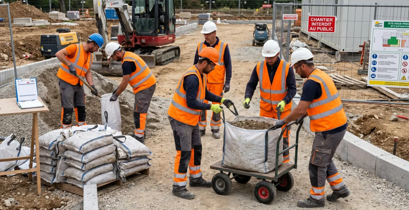Équipe de chantier testant le poids et la maniabilité d'un sac à gravats pendant le remplissage contrôlé