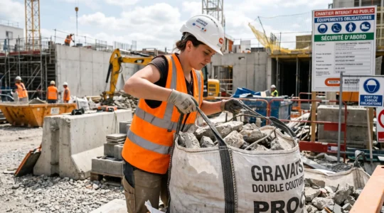 Ouvrier de chantier manipulant un sac à gravats renforcé rempli de débris de démolition sur un chantier urbain